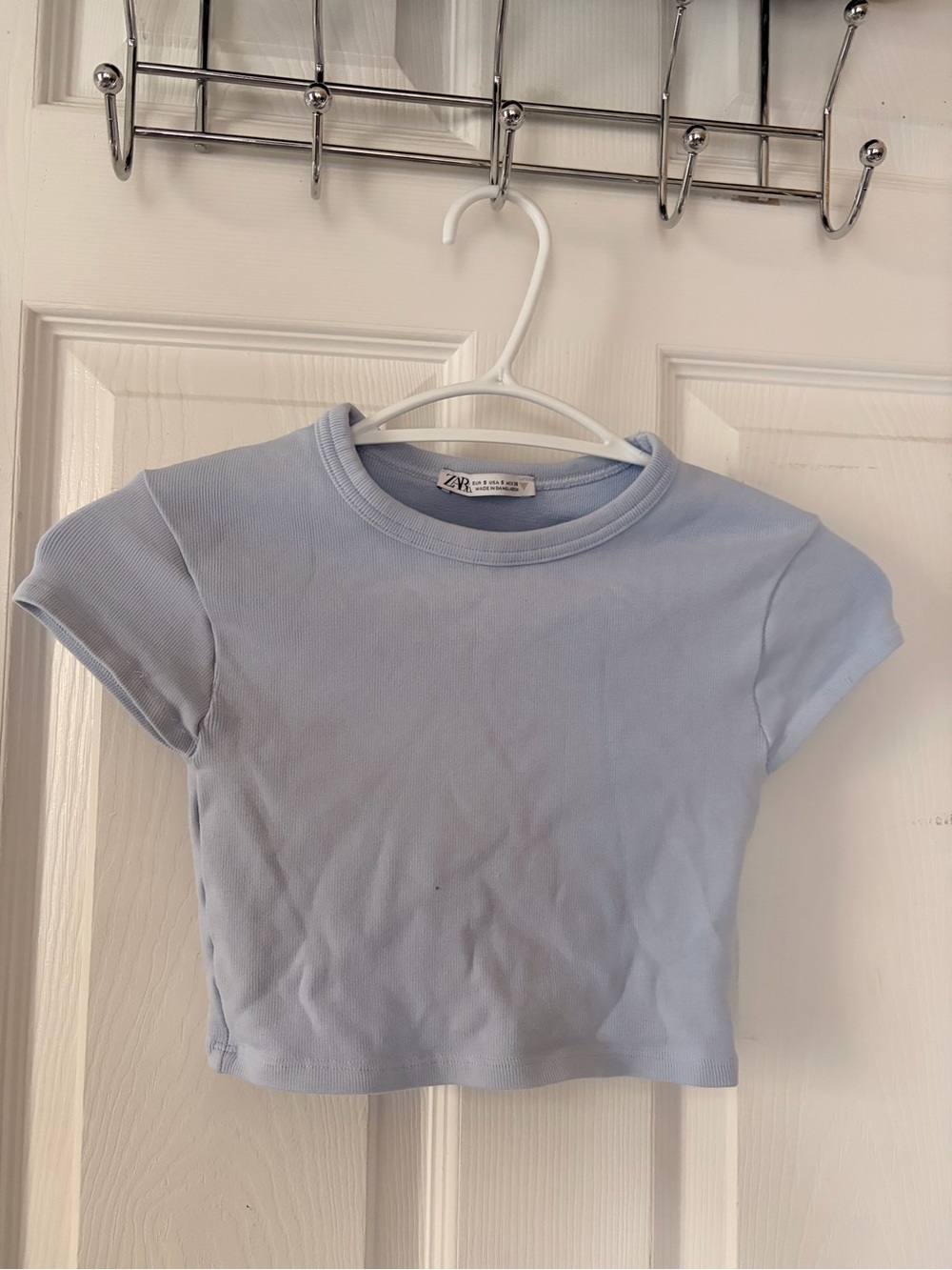 Zara Light Blue Ribbed Short Sleeve Crop Tee